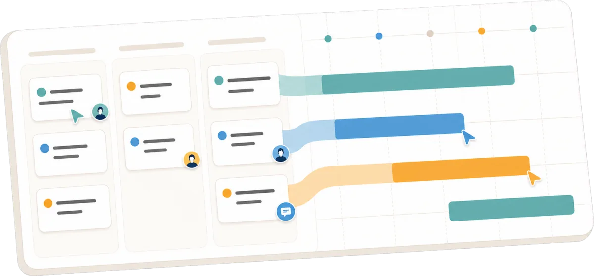 Vista de baseΔelta Tablero que conecta tareas Kanban con su planificación en carta Gantt